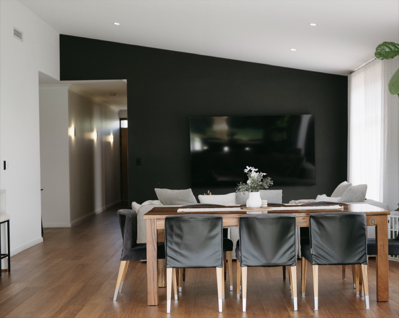 A charcoal feature wall in the North Street living space.